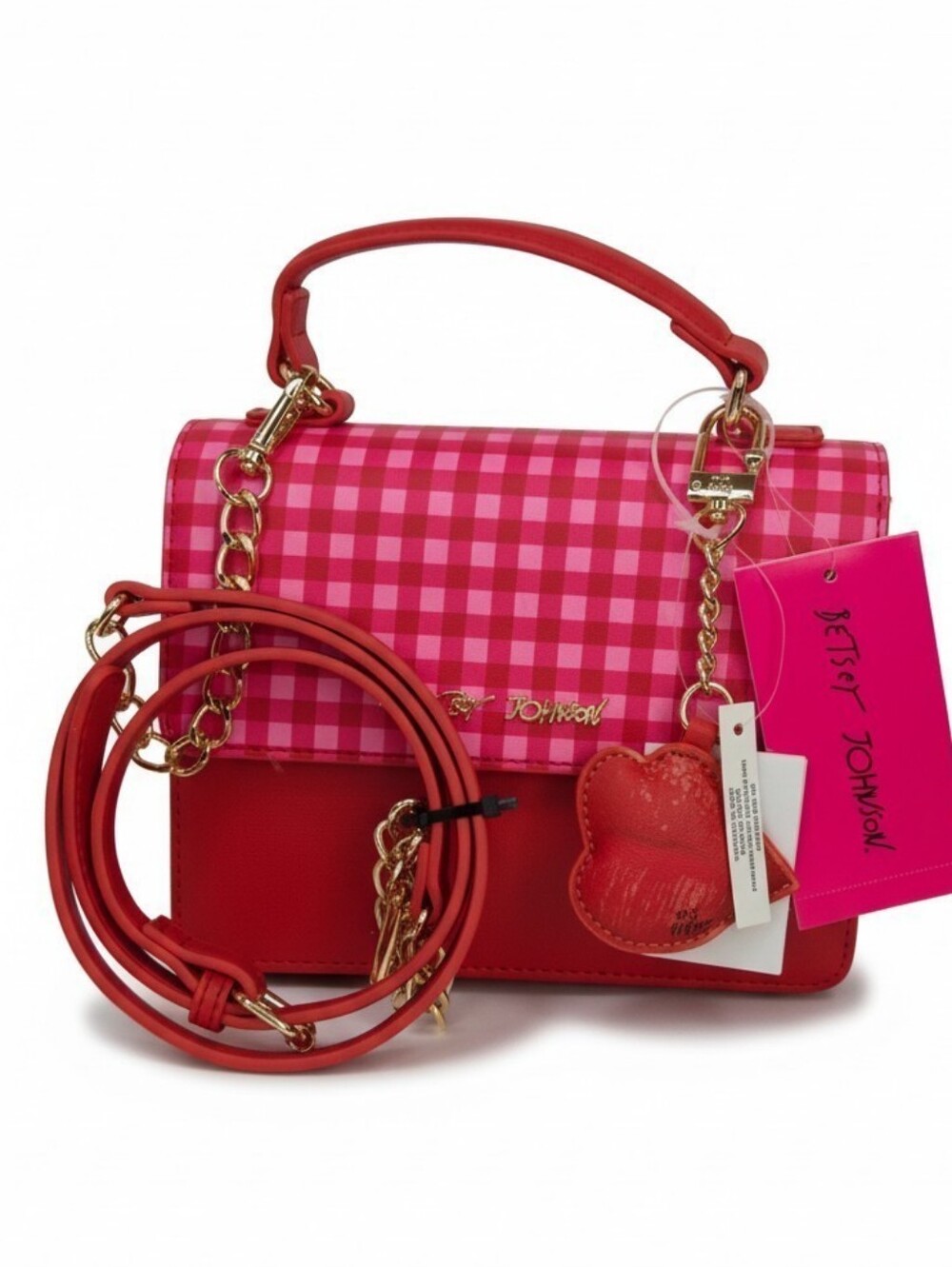 ❤️▪️Betsey Johnson ▪️Red/Pink Checkered Gingham Mini Satchel Crossbody Bag